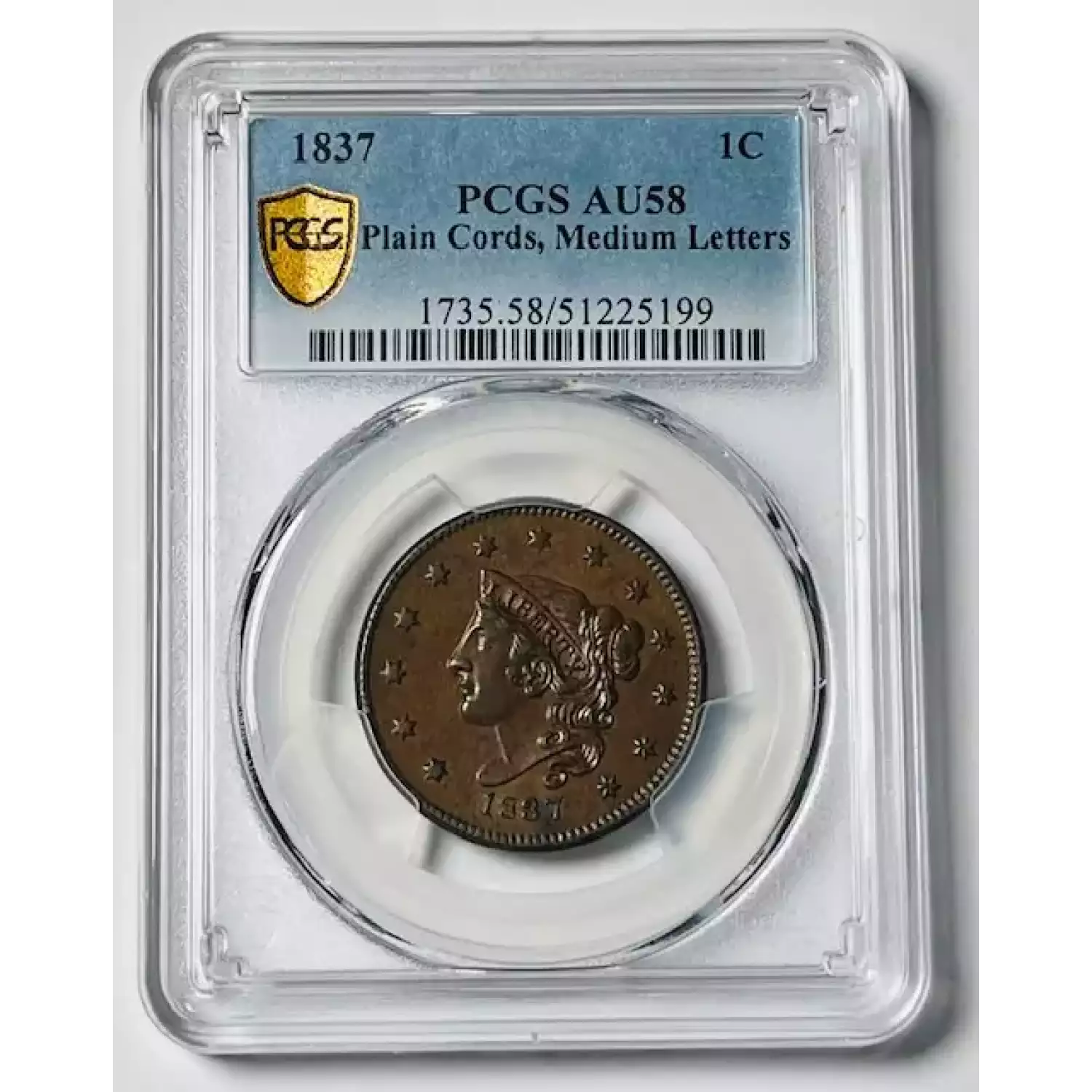 1837 Large Cents Coronet Head PCGS AU-58 BN Plain Cords, Medium Letters ...