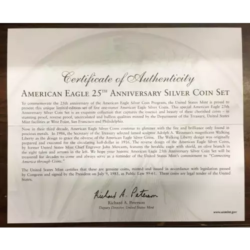 2011 AMERICAN EAGLE 25TH ANNIVERSARY SILVER 5 COIN SET - PCGS PR70 SIGNED JOHN M. MERCANTI